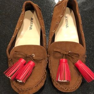 Justfab brown suede red tassels driving loafer 8.5